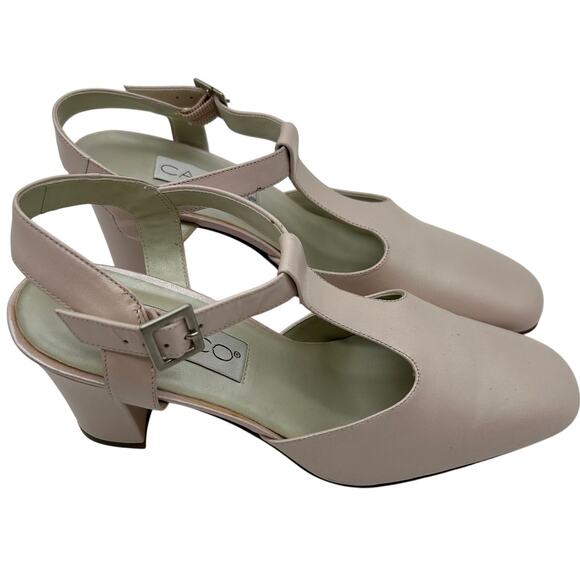 Vintage Calico Mary Jane Heels 8.5 NOS T-Strap Block Heel Nude Balletcore NOS - Picture 2 of 14